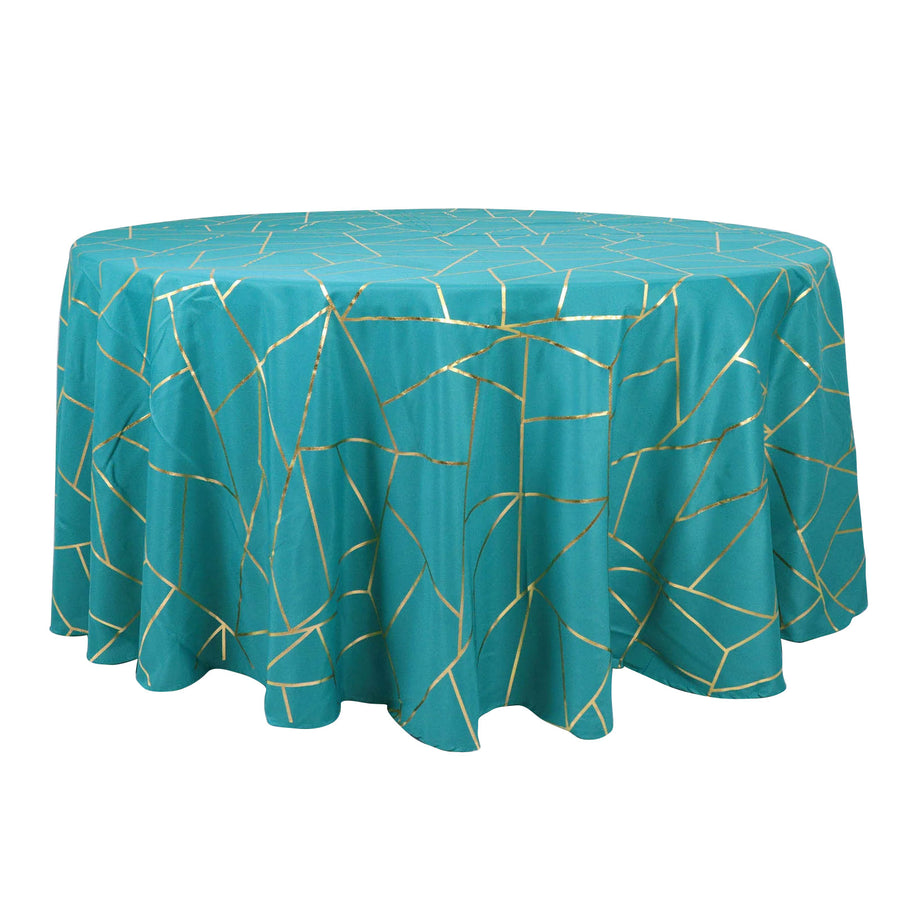 120inch Teal Round Polyester Tablecloth With Gold Foil Geometric Pattern