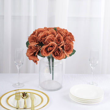 12" Terracotta (Rust) Artificial Velvet-Like Fabric Rose Flower Bouquet Bush