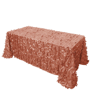90"x132" Terracotta (Rust) 3D Leaf Petal Taffeta Fabric Seamless Rectangle Tablecloth for 6 Foot Table With Floor-Length Drop