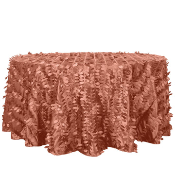 120" Terracotta (Rust) 3D Leaf Petal Taffeta Fabric Seamless Round Tablecloth for 5 Foot Table With Floor-Length Drop