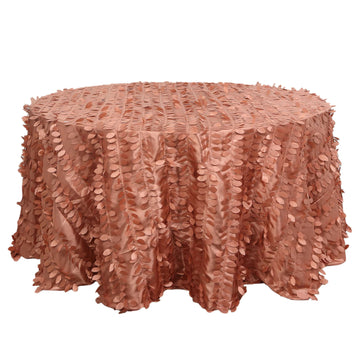 132" Terracotta (Rust) 3D Leaf Petal Taffeta Fabric Seamless Round Tablecloth for 6 Foot Table With Floor-Length Drop