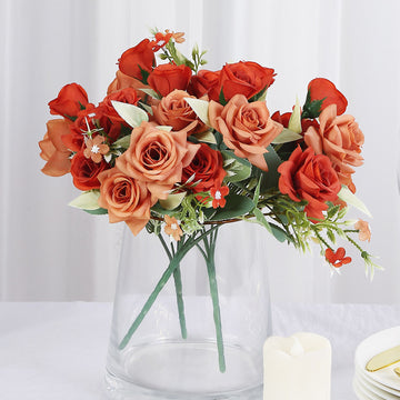 4 Bushes 12" Terracotta (Rust) Real Touch Artificial Silk Rose Flower Bouquet, Faux Bridal Flowers