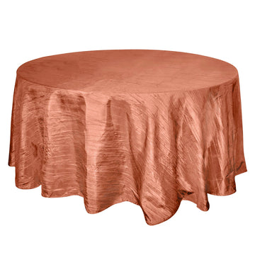120" Terracotta (Rust) Seamless Accordion Crinkle Taffeta Round Tablecloth for 5 Foot Table With Floor-Length Drop