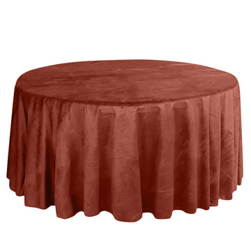 120" Terracotta (Rust) Seamless Premium Velvet Round Tablecloth, Reusable Linen for 5 Foot Table With Floor-Length Drop