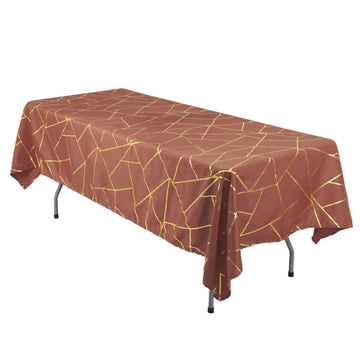 Polyester 60"x102" Rectangle Tablecloth Terracotta (Rust) with Gold Foil Geometric Pattern - Wrinkle-Resistant & Durable Table Cover