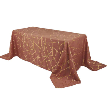 Polyester 90"x132" Rectangle Tablecloth Terracotta (Rust) with Gold Foil Geometric Pattern - Wrinkle-Resistant Seamless Table Cover