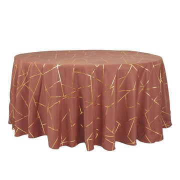 120" Terracotta (Rust) Seamless Round Polyester Tablecloth With Gold Foil Geometric Pattern for 5 Foot Table With Floor-Length Drop