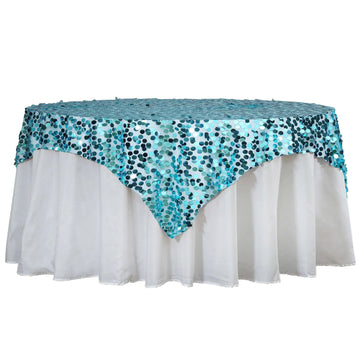 72"x72" Turquoise Premium Big Payette Sequin Square Table Overlay