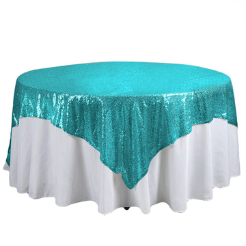90"x90" Turquoise Premium Sequin Square Table Overlay, Sparkly Table Overlay