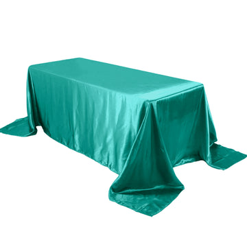 90"x132" Turquoise Satin Seamless Rectangular Tablecloth for 6 Foot Table With Floor-Length Drop