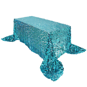 90"x156" Turquoise Seamless Big Payette Sequin Rectangle Tablecloth Premium