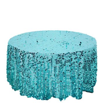120" Turquoise Seamless Big Payette Sequin Round Tablecloth Premium Collection for 5 Foot Table With Floor-Length Drop