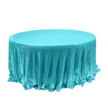 120" Turquoise Seamless Premium Sequin Round Tablecloth for 5 Foot Table With Floor-Length Drop