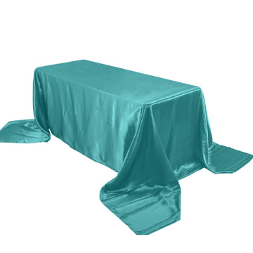 90"x156" Turquoise Seamless Satin Rectangular Tablecloth for 8 Foot Table With Floor-Length Drop