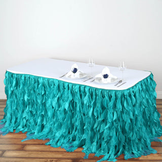 Turquoise Curly Willow Taffeta Table Skirt - Add Elegance to Your Event Decor