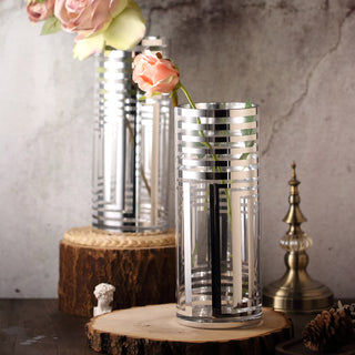 Elegant Silver Striped Cylinder Glass Vase Flower Centerpieces