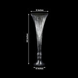 Clear glass trumpet vase, 24 inches tall, with 8-inch top and 6-inch base dimensions.