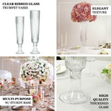 Clear ribbed glass trumpet vases, multi-purpose with sturdy base, elegant texture.