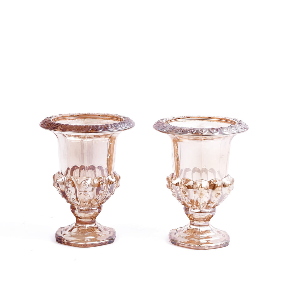 2 Pack Classic Roman Urn Style Amber Glass Pedestal Vases, 6.5inch Flower Vase Table Centerpieces