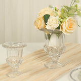 2 Pack Clear Glass Pedestal Flower Vases in Classic Roman Urn Style, 6inch Mini Floral Vase Table