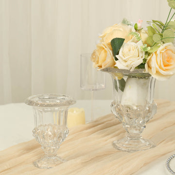 2-Pack Glass Mini Pedestal Flower Vases in Classic Roman Urn Style Clear - Sophisticated Wedding Table Centerpieces 6"