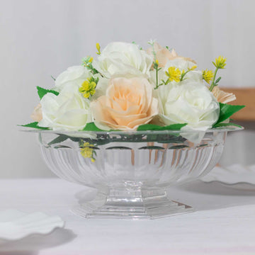 3 Pack Clear Roman Style Footed Compote Flower Bowl Vase, 10" Round Decorative Plastic Pedestal Vase Table Centerpiece