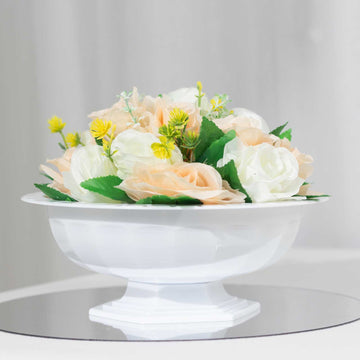 3 Pack White Roman Style Footed Compote Flower Bowl Vase, 10" Round Decorative Plastic Pedestal Vase Table Centerpiece
