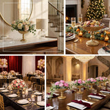 Elegant dining setup with floral arrangements and candles for a festive occasion.