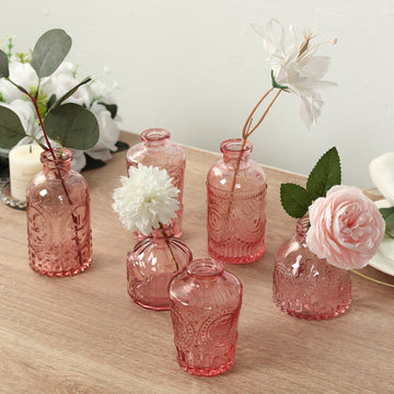 Set of 6 Vintage Embossed Dusty Rose Glass Bud Vase Centerpieces, Decorative Apothecary Style Reed Diffusers