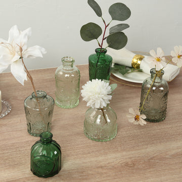 Set of 6 Vintage Embossed Mixed Green Glass Bud Vase Centerpieces, Decorative Apothecary Style Reed Diffusers