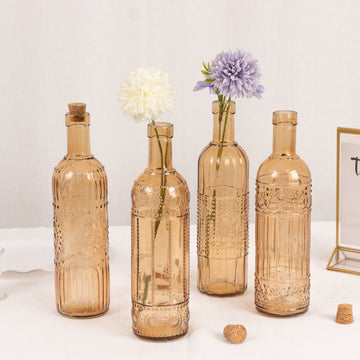 Set of 4 Amber Gold Vintage Glass Bottle Bud Vases with Corks, 16oz Large Embossed Decorative Wine Bottles Flower Vases - 10" Tall