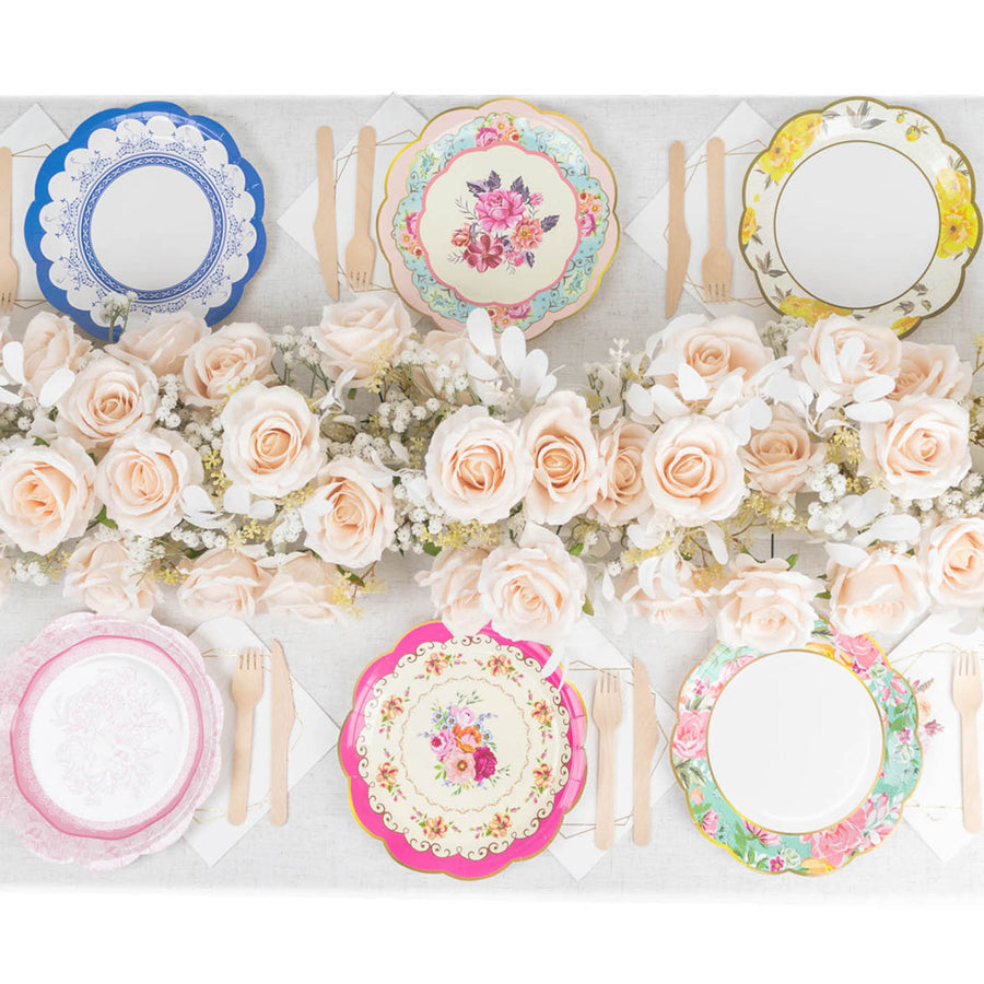 24 Pack | 9inch Vintage Mixed Floral Disposable Dinner Plates With Scalloped Edge