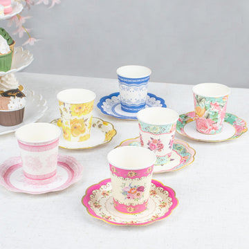 24 Pack | Vintage Mixed Floral Disposable Tea Cup And Saucer Set, Paper Tea Party Supplies Kit