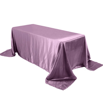 90"x132" Violet Amethyst Satin Seamless Rectangular Tablecloth for 6 Foot Table With Floor-Length Drop