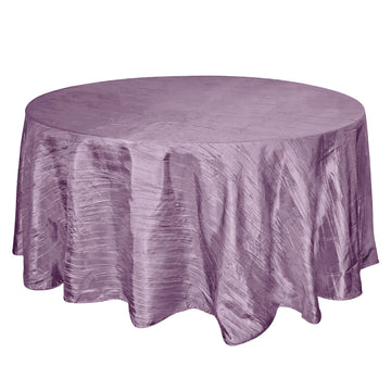 120" Violet Amethyst Seamless Accordion Crinkle Taffeta Round Tablecloth for 5 Foot Table With Floor-Length Drop