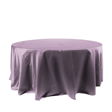 120" Violet Amethyst Seamless Satin Round Tablecloth for 5 Foot Table With Floor-Length Drop