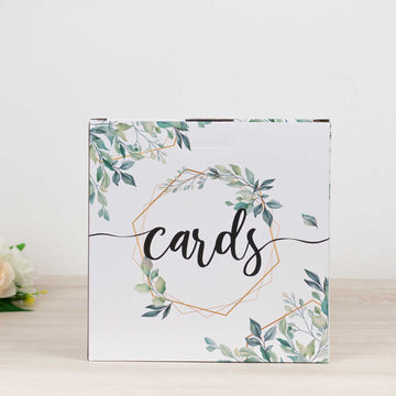 Greenery Theme Wedding Reception Gift Card Box with Geometric Gold Foil Print, Collapsible Money Card Box - 8"x8"