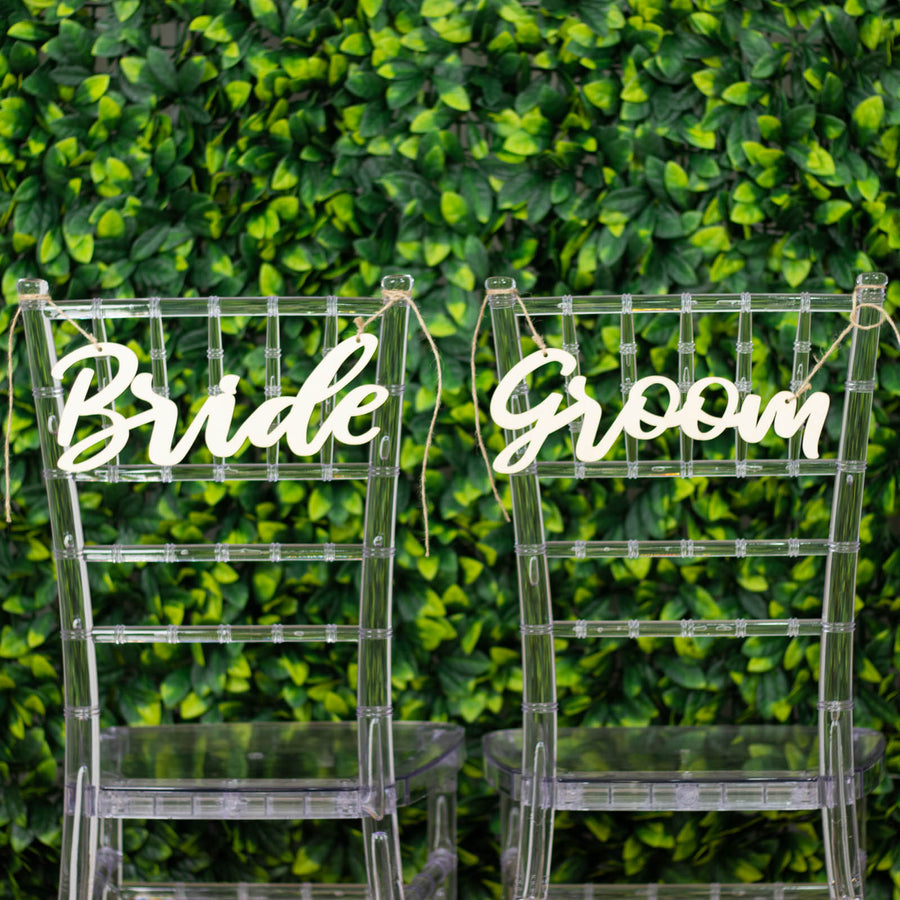 Set of 2 | Natural Wood Bride and Groom Chair Signs, Calligraphy Wall Hanging Decor