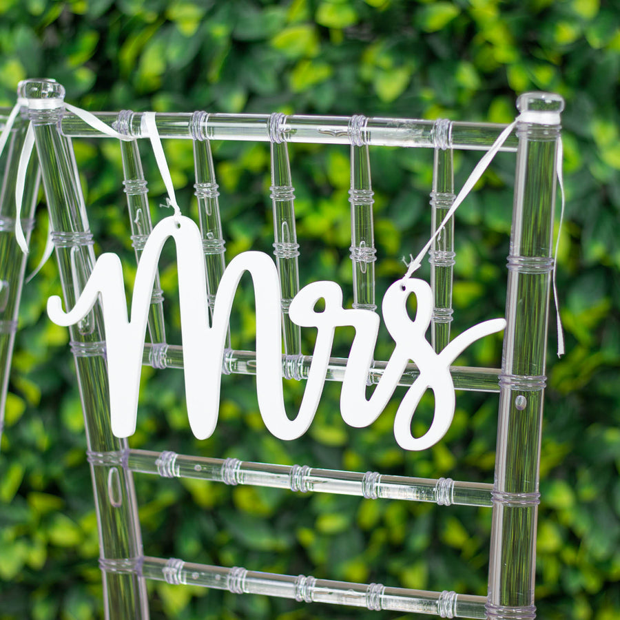 Set of 2 | White Wood Mr and Mrs Chair Signs, Calligraphy Wall Hanging Decor