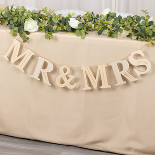 10ft Natural Pre-Strung Mr & Mrs Wooden Letter Banner with Botanical Design