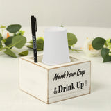 Whitewashed Wooden Solo Cup Holder with Black Marker Pen, 5.5inch Square Rustic Farmhouse Party Cup