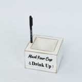 Whitewashed Wooden Solo Cup Holder with Black Marker Pen, 5.5inch Square Rustic Farmhouse Party Cup