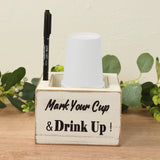 Whitewashed Wooden Solo Cup Holder with Black Marker Pen, 5.5inch Square Rustic Farmhouse Party Cup