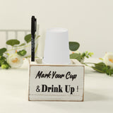 Whitewashed Wooden Solo Cup Holder with Black Marker Pen, 5.5inch Square Rustic Farmhouse Party Cup