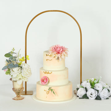 35" Gold Metal Chiara Arch Wedding Cake Display Stand with Rounded Top, Flower Balloon Frame Table Centerpiece with Detachable Base