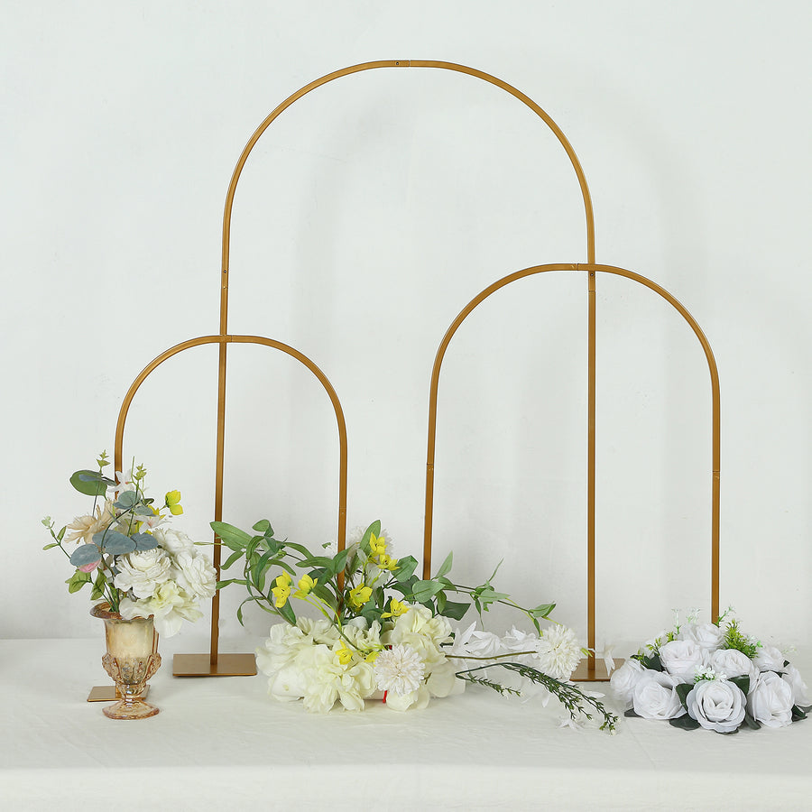Set of 3 Gold Metal Chiara Arch Wedding Cake Display Stand with Rounded Top, Flower Balloon Frame