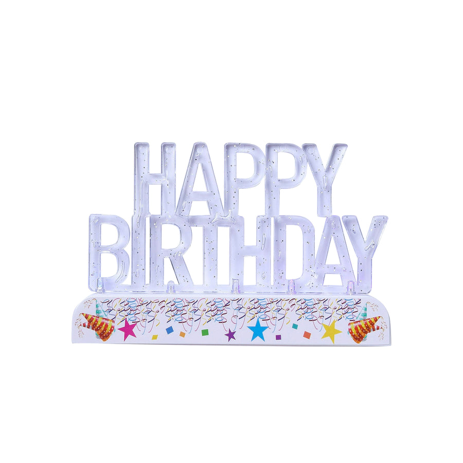 Clear Acrylic Multicolor Flashing LED Happy Birthday Cake Topper - 5x 3.25inch#whtbkgd