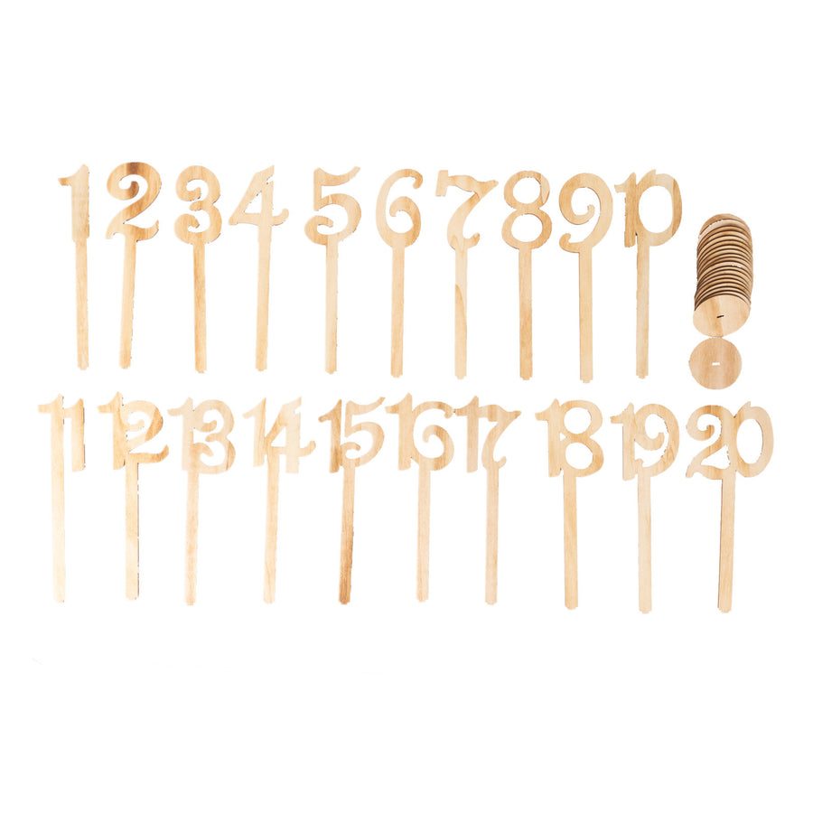 Set of 20 Natural Wooden 1-20 Wedding Table Numbers on Sticks Set With Round Base, 11" Tall Rustic Table Signs
