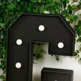 Black marquee letter with round bulbs against a green plant backdrop.