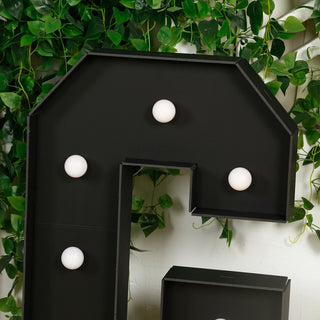 Black marquee letter with round bulbs against a green plant backdrop.